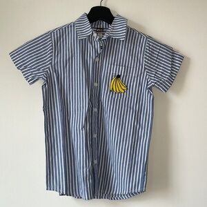 Tea Collection striped Button up short sleeved banana patch pocket blue white 8